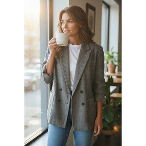 Vintage 1980's Agatha Brown Wool Black Plaid Blazer Jacket Sz 14 Notch Collar